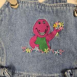 Rare Vintage Barney Denim Short Overalls 4T Kids Retro Y2K 90s Cartoon Character